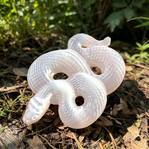 May include: A coiled, pearlescent white glass snake sculpture. The snake has a textured, scale-like pattern and two large, open circles in its body. The sculpture is resting on a bed of brown leaves and grass, with sunlight illuminating the details.