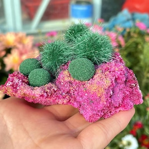 May include: A vibrant pink mineral specimen with green, spherical formations and spiky clusters. The rock has a textured surface with yellow and orange hues. The specimen is held in a hand, with a blurred floral background.