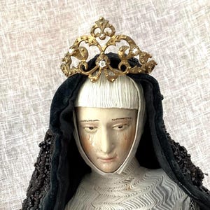 Antieke 19e-eeuwse Franse vergulde Santos Maria Tiara Kroon Tsjechisch glas Parel Barok zilver Verguld Exquisite!
