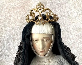 Antique 19th Century French Gilded Santos Virgin Tiara Crown Czech Glass Pearl Baroque  Silver Gilt Exquisite!