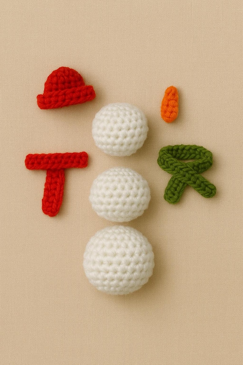 Op de afbeelding: Een verzameling handgemaakte gehaakte sneeuwmanonderdelen. Inclusief drie witte bollen, een rode hoed, een rode sjaal, een oranje wortelneus en een groene sjaal. Perfect voor knutselen of vakantiedecoratie.