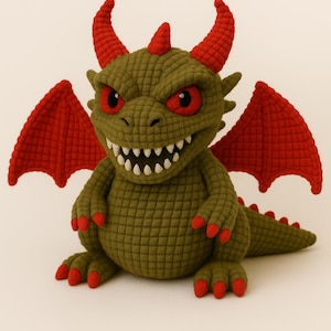 May include: A handmade, olive green dragon plush toy with red accents. The dragon has red horns, eyes, claws, and wings. It has a wide, toothy grin and is sitting upright. The dragon's body is textured with a quilted pattern.