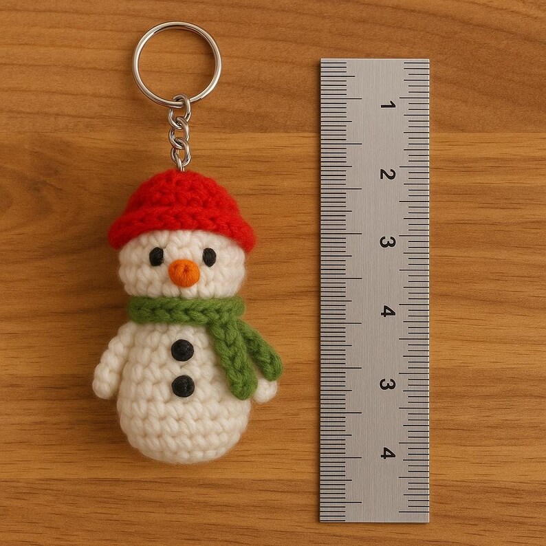 Op de afbeelding: Een handgemaakte gehaakte sneeuwpop sleutelhanger. De sneeuwpop heeft een rode hoed, groene sjaal en zwarte knoopogen en mond. De sneeuwpop is ongeveer 5 cm hoog. De sleutelhanger is bevestigd aan een zilveren metalen ring.