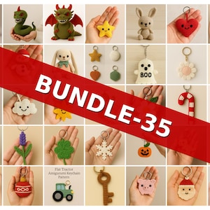 May include: A selection of handmade crochet keyrings in various shapes and colours. The keyrings include a dog, dragon, bunny, heart, star, ghost, flower, cloud, and more. The image also includes the text "BUNDLE-35".