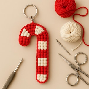 May include: A handmade red and white crochet candy cane keychain. The keychain is made of red yarn with white squares. A silver key ring is attached to the top. Also pictured are red and white yarn balls, a needle, a crochet hook, and scissors.
