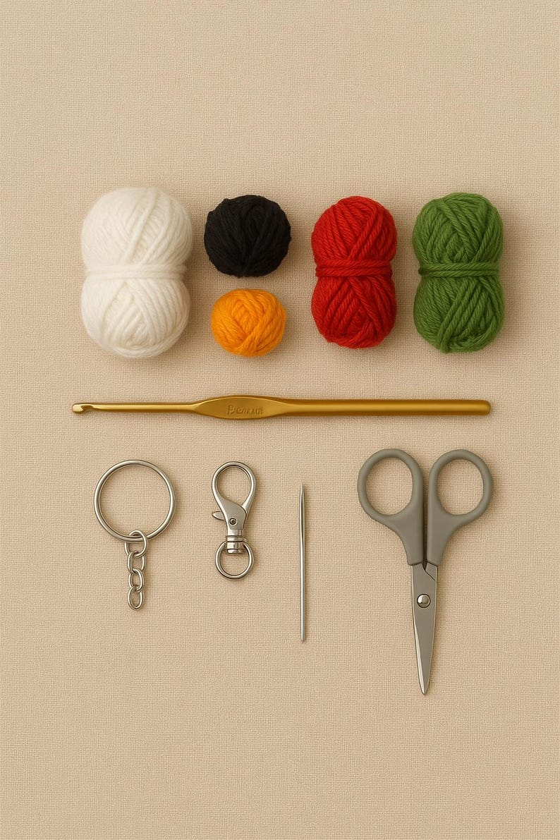 Op de afbeelding: Een knutselset met verschillende gekleurde bollen garen, een gouden haaknaald, een sleutelhanger, een karabijnhaak, een naald en een grijze schaar. De garenkleuren zijn wit, zwart, oranje, rood en groen.