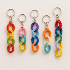 Può includere: Cinque portachiavi fatti a mano con anelli di corda intrecciata colorati. Ogni portachiavi presenta un anello argentato e una serie di anelli collegati in vari colori, tra cui rosso, arancione, giallo, verde, blu e viola. I portachiavi sono disposti su uno sfondo bianco.