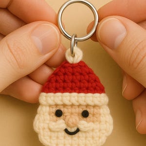 May include: A crocheted Santa Claus keyring. The keyring features a red hat, a cream-coloured beard and face, and black eyes. The Santa Claus face is smiling. The keyring is attached to a silver metal ring.
