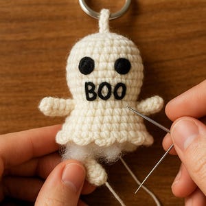 Puede incluir: Un llavero de fantasma de ganchillo blanco hecho a mano con ojos negros y la palabra "BOO" cosida en la parte delantera. El fantasma tiene brazos peque&ntilde;os y una parte inferior esponjosa. Un llavero plateado est&aacute; adjunto en la parte superior.