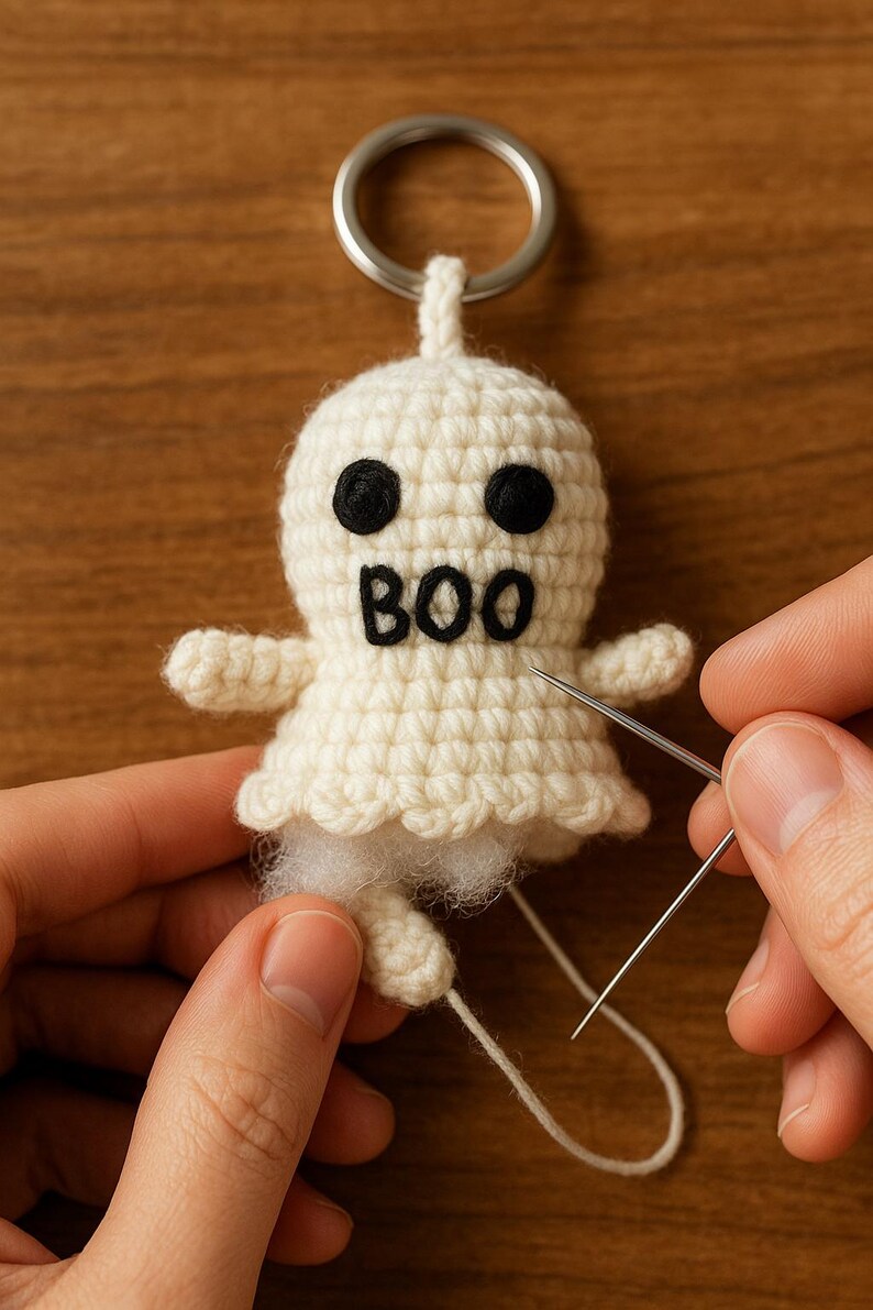 Puede incluir: Un llavero de fantasma de ganchillo blanco hecho a mano con ojos negros y la palabra "BOO" cosida en la parte delantera. El fantasma tiene brazos peque&ntilde;os y una parte inferior esponjosa. Un llavero plateado est&aacute; adjunto en la parte superior.