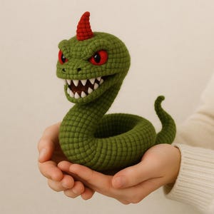 May include: A handmade green crochet snake with a red horn and red eyes. The snake has a wide open mouth with white teeth. The snake is held in two hands. The snake is a unique, handcrafted item.