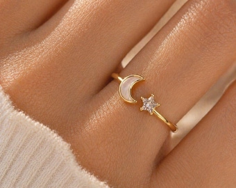 Celestial Moon Star Ring · Adjustable Open Band · Mother of Pearl CZ Crystal · Dainty Gold Celestial Jewelry