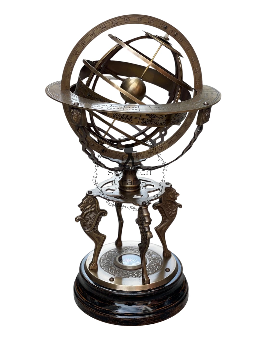 An Old World Armillary Sphere / Brass Zodiac Globe With Compass, A ...