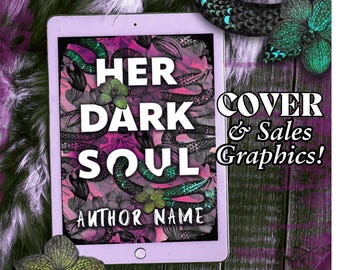 Puede incluir: Una tableta digital muestra la portada del libro "Her Dark Soul" con gráficos florales y de serpientes en tonos rosa, morado y verde. También es visible el texto "Cover & Sales Graphics!".
