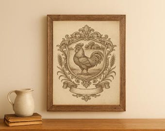May include: Framed vintage-style print featuring a detailed illustration of a rooster within an ornate crest. The artwork is in sepia tones, set against a cream background, and framed in a rustic wooden frame. A small ceramic pitcher and books are on a wooden surface.