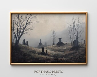 May include: A framed vintage painting depicts a misty graveyard scene. Bare trees and weathered tombstones are set against a muted, overcast sky. The artwork is framed in a gold-colored rectangular frame. The text "PORTHAUS PRINTS art society" is printed at the bottom.