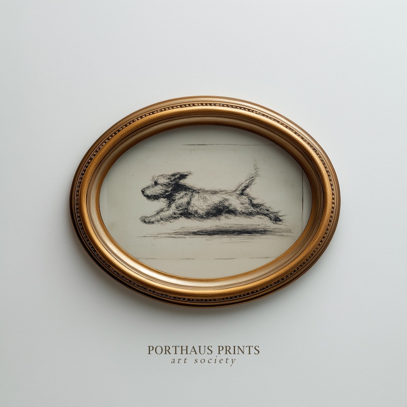 May include: An oval framed print featuring a running dog illustration in black and white. The frame is gold-colored with a detailed edge. The print is from Porthaus Prints, art society.