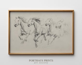 Vintage moody horse drawing | rustic equestrian art print | animal sketch wall art, year of the horse (digital download)