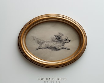 Vintage Running Dog Print, Antique Long-Haired Chihuahua Sketch, Puppy Zoomies Art, Dog Lover Gift (Digital Download)