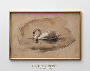 May include: A sepia-toned framed print featuring a swan gracefully gliding on water. The artwork, with a vintage aesthetic, showcases the swan's white feathers and curved neck. The print is set in a gold frame, with the text "PORTHAUS PRINTS art society" at the bottom.
