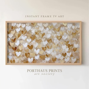 May include: Rectangular framed artwork featuring a pattern of white, gold, and brown heart shapes. The artwork is labeled "INSTANT FRAME TV ART" at the top and "PORTHAUS PRINTS art society" at the bottom.