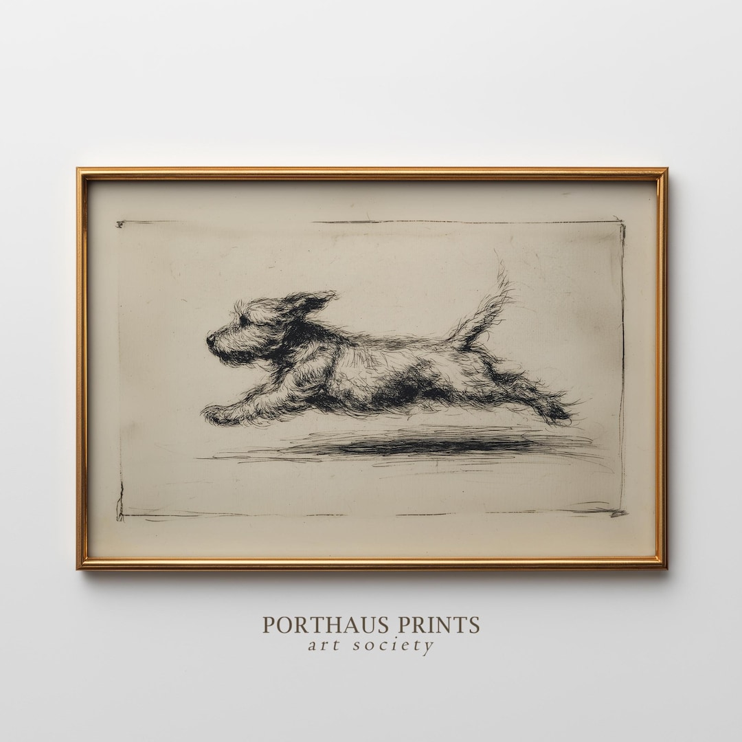 Vintage Running Dog Print, Antique Terrier Sketch, Puppy Zoomies Art, Dog Lover Gift (Digi