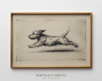 Lámina vintage de perro corriendo, boceto antiguo de terrier, arte de cachorro corriendo a toda velocidad, regalo para amantes de los perros (descarga digital)