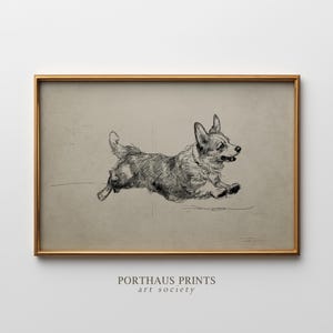 Peut inclure: Une impression encadrée d'un dessin de chien courant en noir et blanc. L'œuvre est placée sur un fond neutre et encadrée dans un cadre doré. Le texte "PORTHAUS PRINTS art society" est en bas.