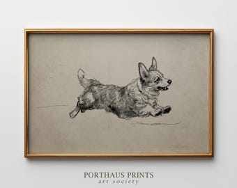 Vintage Corgi Sketch Print, Antique Running Dog Art (Digital Download)