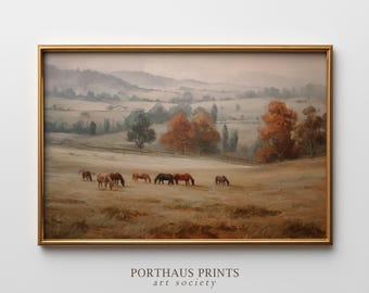 Afdrukbare muurkunst paardenwei: vintage herfstveldschildering (digitale download)