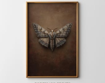 Puede incluir: Una impresión enmarcada que presenta una ilustración detallada de una polilla con las alas extendidas. La polilla está representada en tonos grises y marrones sobre un fondo marrón oscuro. El marco es dorado. El texto "PORTHAUS PRINTS art society" está en la parte inferior.