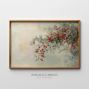 Puede incluir: Una impresión botánica enmarcada que presenta una rama con hojas verdes y racimos de bayas rojas. La obra de arte tiene un estilo suave y pictórico, con un marco dorado. El texto "PORTHAUS PRINTS art society" está en la parte inferior.
