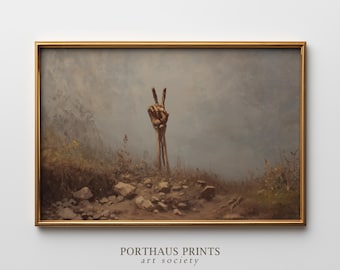 Arte de pared imprimible de un esqueleto dando la paz desde la tumba: Decoración de Halloween antigua (descarga digital)