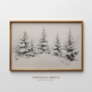 May include: A framed pencil drawing of a winter landscape featuring snow-covered evergreen trees. The artwork is in a gold frame and has the text "PORTHAUS PRINTS art society" at the bottom.