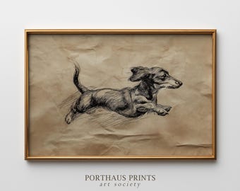 Vintage Running Dog Print, Antique Dachshund Sketch, Puppy Zoomies Art, Dog Lover Gift (Digital Download)
