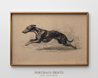 Impresión vintage de perro corriendo, boceto antiguo de galgo, arte de cachorros corriendo, regalo para amantes de los perros (descarga digital)