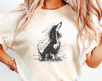 Comfort Colors T-Shirt mit abstraktem Dackel-Linienmuster, minimalistisches T-Shirt mit langhaarigem Dackel und Kritzeleien, personalisiertes Geschenk für Dackel-Mama