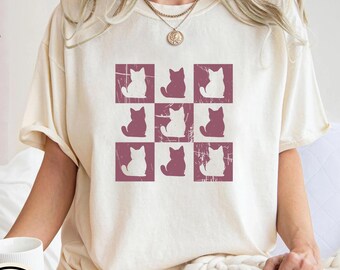 Katzen-Schachbrett-T-Shirt, Komfortfarben-Katzen-Liebhaber-Geschenk