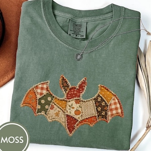 Sweat-shirt patchwork chauve-souris automne, T-shirt chauve-souris bohème, Chemise automne Halloween aux couleurs confortables, Chemise tendance Halloween femme, Passion chauve-souris style cottagecore