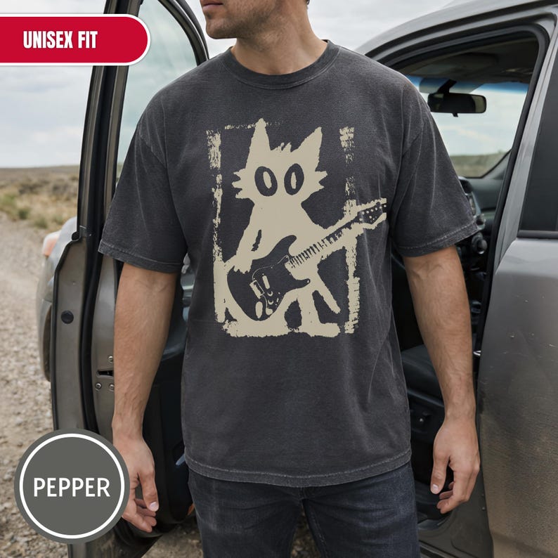 Camiseta de gato estrella de rock, camiseta vintage de gatito Y2K, camiseta de gato rock and roll, camiseta de gatito con guitarra eléctrica, regalo para amantes de la música grunge punk con temática de gatos. imagen 15