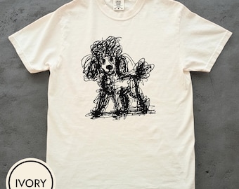 Camiseta con dibujo lineal abstracto de caniche, camiseta minimalista con boceto de animal, camiseta gráfica artística para amantes de los perros.