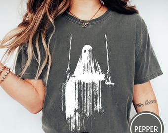 Vintage-Halloween-Shirt mit Geist auf der Schaukel, gemütliches Halloween-T-Shirt in kuscheligen Farben, süßes Herbst-Shirt mit Grafikprint, niedliches, gruseliges Geister-Sweatshirt als Geschenk
