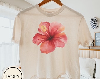 Hibiskus-Blumen-Komfort-Farben geerntetes Hemd, kastenförmiges T-Shirt der Blumenfrauen, Damen-Sommer-Hemd