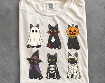 Halloween-Katzen-Shirt und -Sweatshirt, Comfort Colors Schwarze Katze, Niedliches Geister-Kürbis-Katzen-Shirt, Süßes gruseliges Kostümdesign, Geschenk für Katzenliebhaber