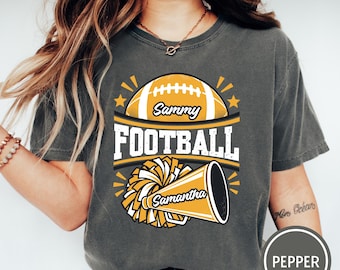 Individuell gestaltetes Football-Shirt mit Namen, personalisiertes Spieltags-T-Shirt, Geschenk für Football-Fans und Cheerleader-Mamas, Vintage-Football-Saison-Schulgeschenk