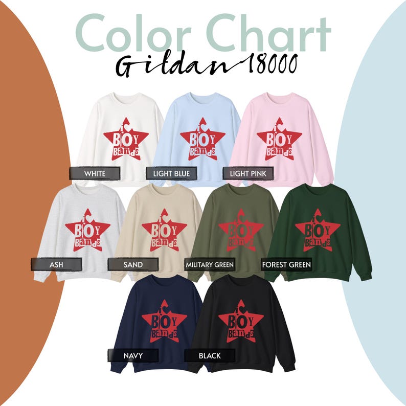 Puede incluir: Una carta de colores Gildan 18000 con nueve sudaderas de cuello redondo en blanco, azul claro, rosa claro, ceniza, arena, verde militar, verde bosque, azul marino y negro. Cada sudadera muestra un gr&aacute;fico de estrella roja con el texto I Heart Boy Bands.