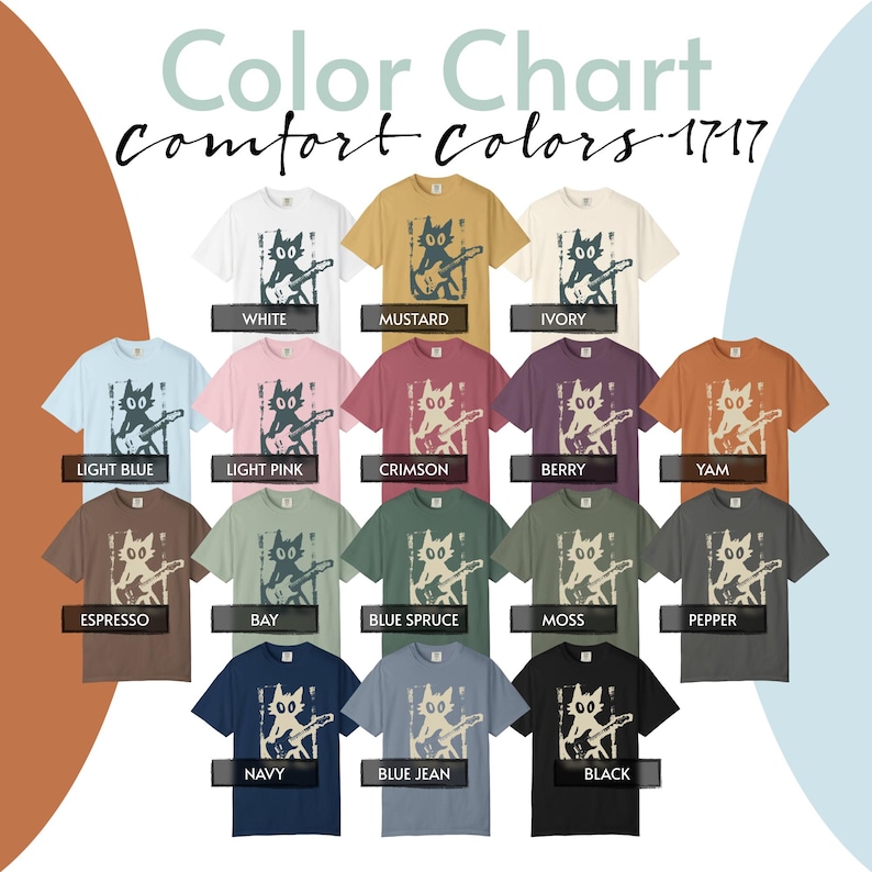 Puede incluir: Una carta de colores muestra varias camisetas Comfort Colors 1717. Cada camiseta presenta un gr&aacute;fico de un gato tocando la guitarra. Los colores incluyen blanco, mostaza, marfil, azul claro, rosa claro, carmes&iacute;, baya, &ntilde;ame, espresso, bah&iacute;a, abeto azul, musgo, pimienta, marino, azul vaquero y negro.