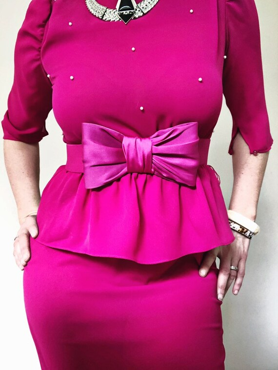 Vintage pink fuchsia 80s peplum dress prom