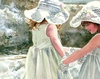 Girl Freinds, Sisters, Dance, Promenade on the Beach Front Waves, Children Watercolor Painting Print, Wall Art, Home Decor, "Darlin Dancers"