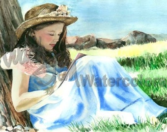 Girl Writing in Dairy Book, Blue Dress & Straw Hat / Flower, Children Watercolor Painting Print, Wall Art, Home Decor, "I've Got a Secret"